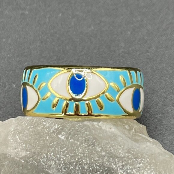 Evil Eye Enamel and Copper Adjustable Ring #1209 LT BLUE - Picture 14 of 16